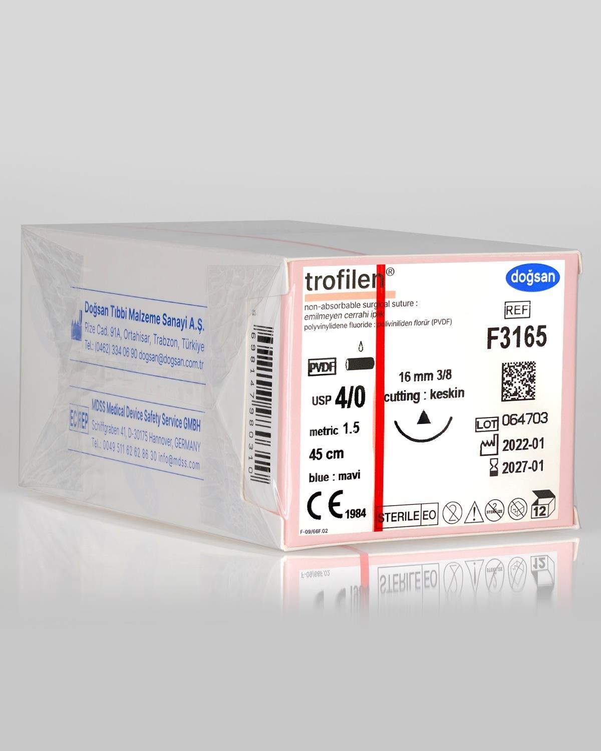 Trofilen 4/0 16 3/8 Keskin (Δ) 45cm PVDF Emilemeyen Sütür 12 Ad./Pkt - Doğsan