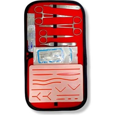 Cerrahi Sütur Dikiş Atma Eğitim Seti - 1 Pedi, 5 El Aleti, 2 İpek İplik, 2 Bistürü Ucu ve Bez Çanta İçerir
